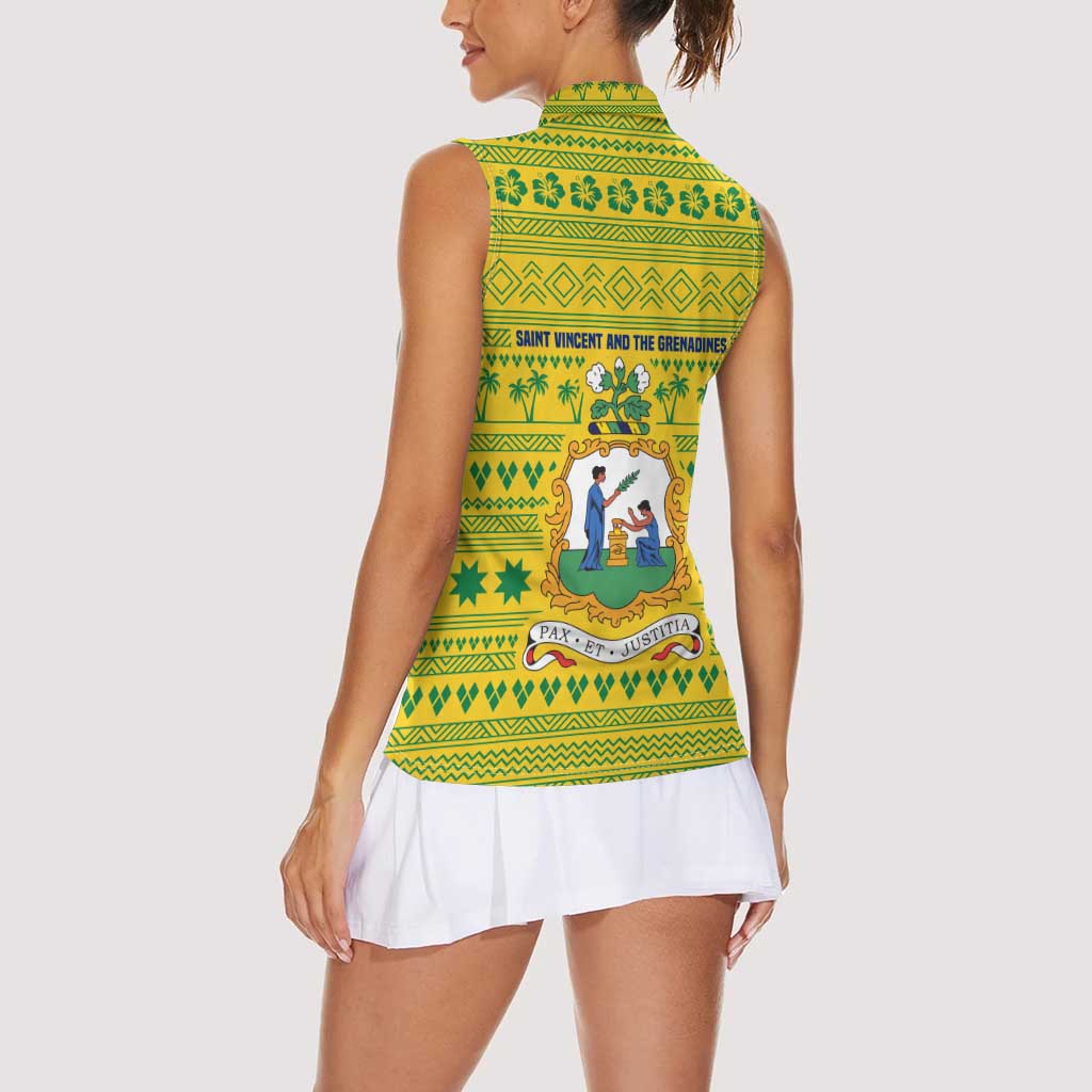 Saint Vincent and the Grenadines Christmas Women Sleeveless Polo Shirt with Gingerbread Boy Palm Tree and Traditional Pattern - Wonder Print Shop