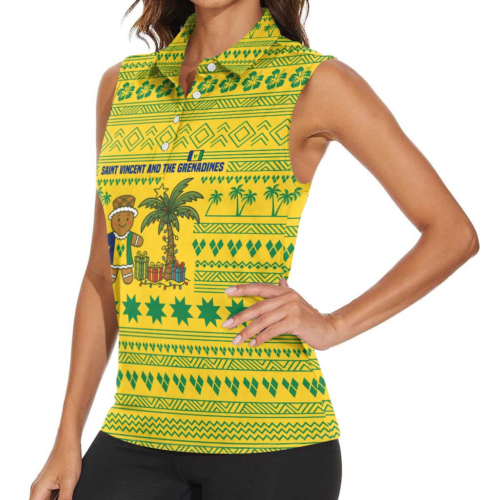 Saint Vincent and the Grenadines Christmas Women Sleeveless Polo Shirt with Gingerbread Boy Palm Tree and Traditional Pattern - Wonder Print Shop