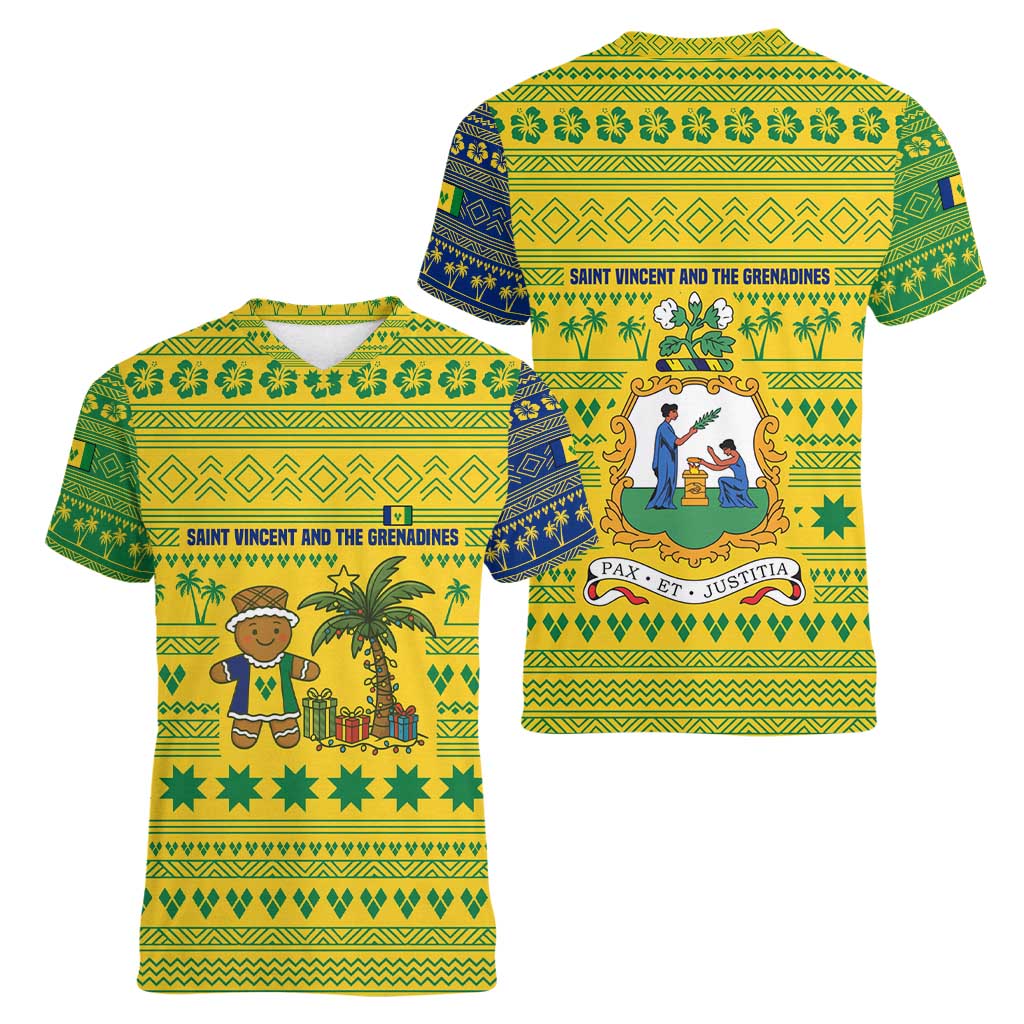 Saint Vincent and the Grenadines Christmas Women V-Neck T-Shirt with Gingerbread Boy Palm Tree and Traditional Pattern - Wonder Print Shop