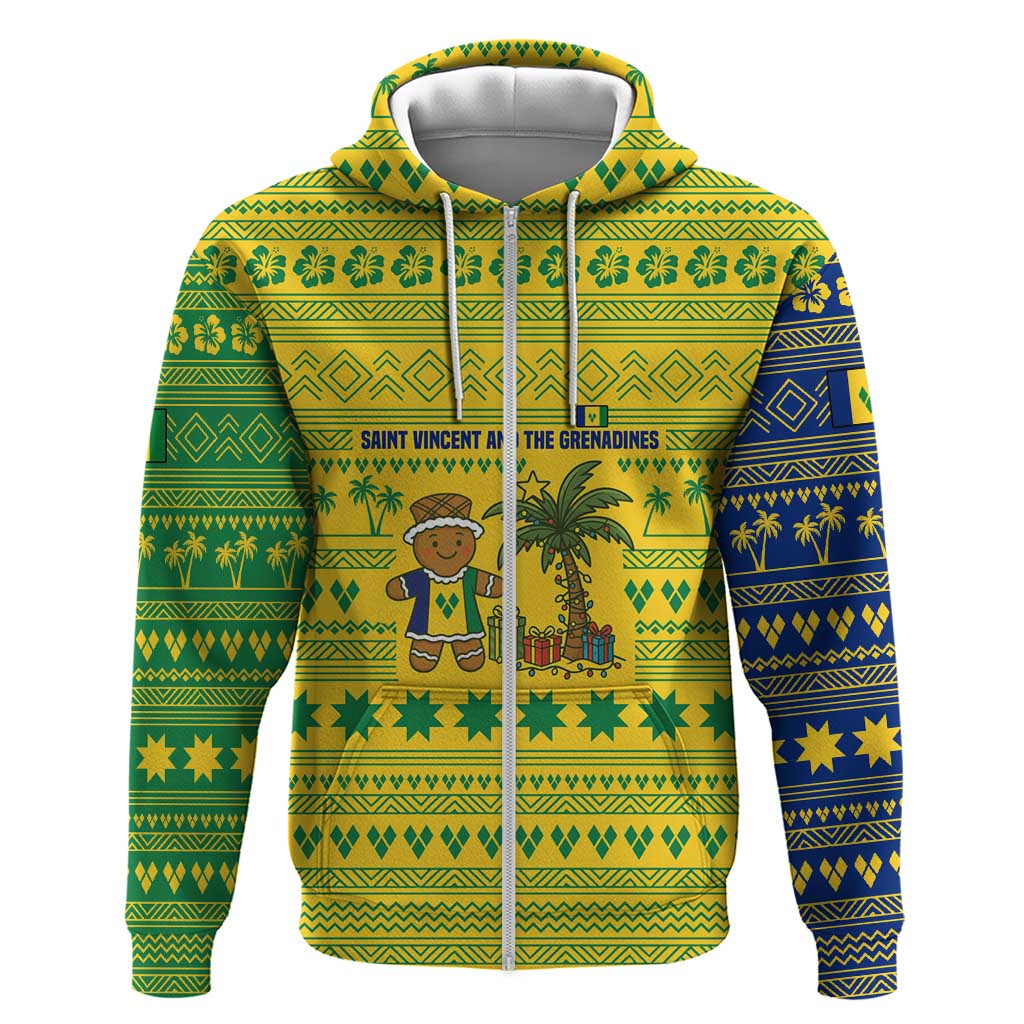 Saint Vincent and the Grenadines Christmas Zip Hoodie with Gingerbread Boy Palm Tree and Traditional Pattern - Wonder Print Shop