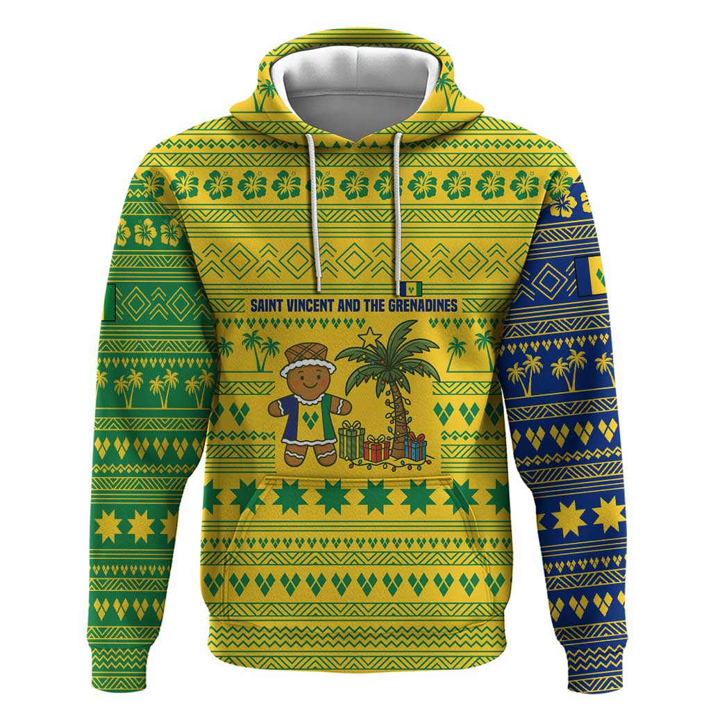Saint Vincent and the Grenadines Christmas Zip Hoodie with Gingerbread Boy Palm Tree and Traditional Pattern - Wonder Print Shop