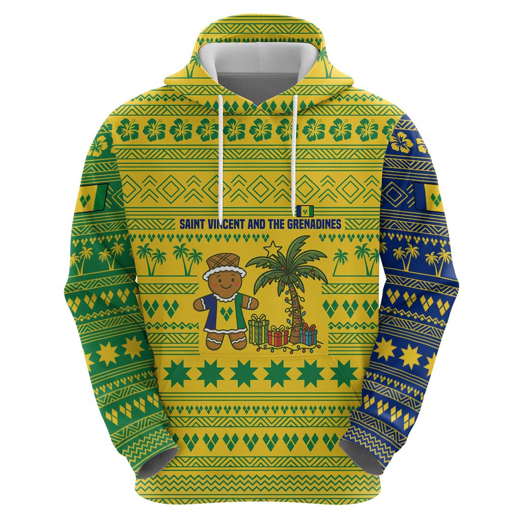 Saint Vincent and the Grenadines Christmas Zip Hoodie with Gingerbread Boy Palm Tree and Traditional Pattern - Wonder Print Shop