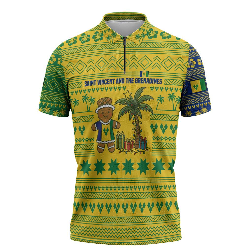 Saint Vincent and the Grenadines Christmas Zipper Polo Shirt with Gingerbread Boy Palm Tree and Traditional Pattern - Wonder Print Shop