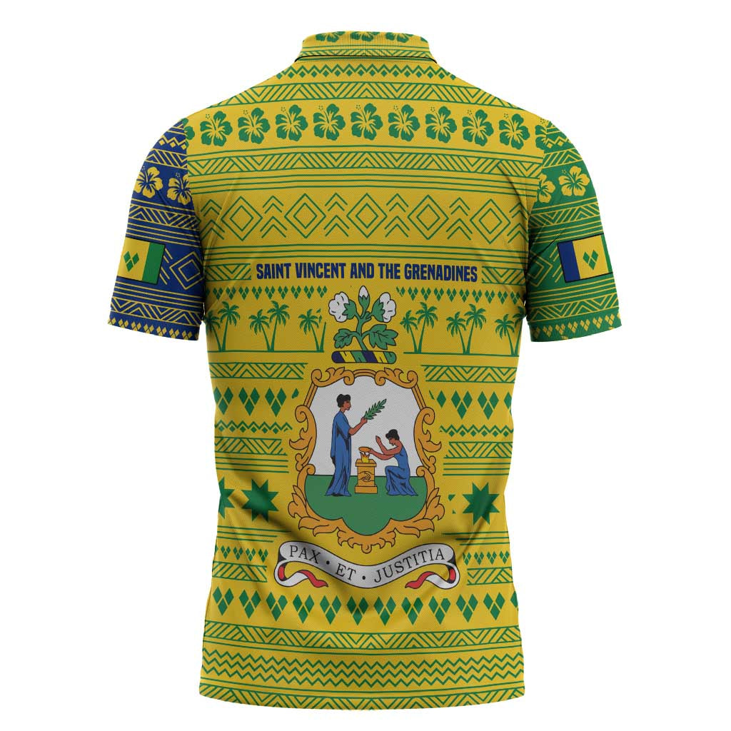 Saint Vincent and the Grenadines Christmas Zipper Polo Shirt with Gingerbread Boy Palm Tree and Traditional Pattern - Wonder Print Shop