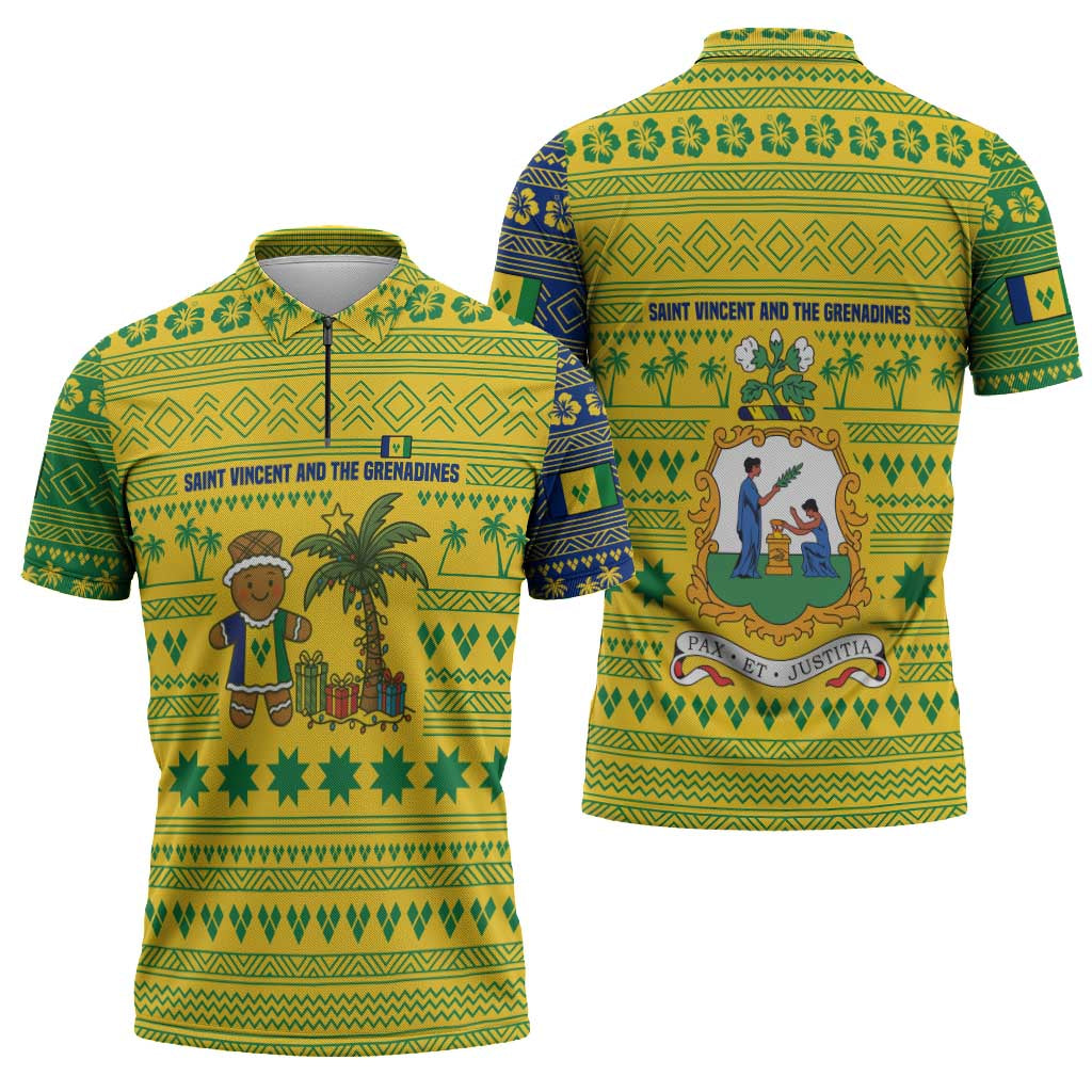 Saint Vincent and the Grenadines Christmas Zipper Polo Shirt with Gingerbread Boy Palm Tree and Traditional Pattern - Wonder Print Shop