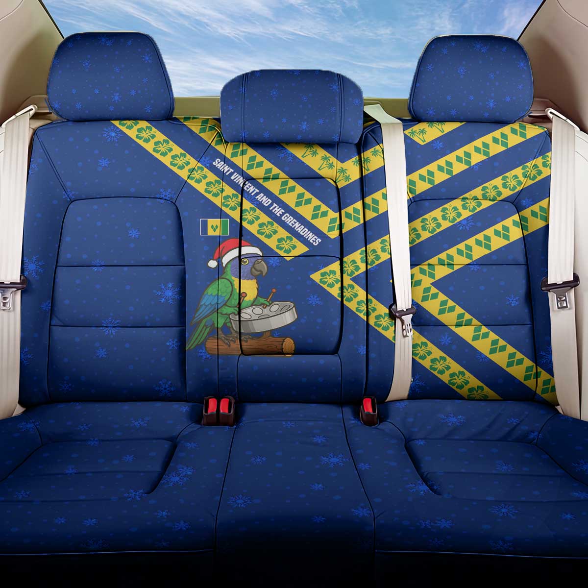 Saint Vincent and the Grenadines Christmas Back Car Seat Cover with Parrot Playing Steelpan and Tropical Pattern Design - Wonder Print Shop