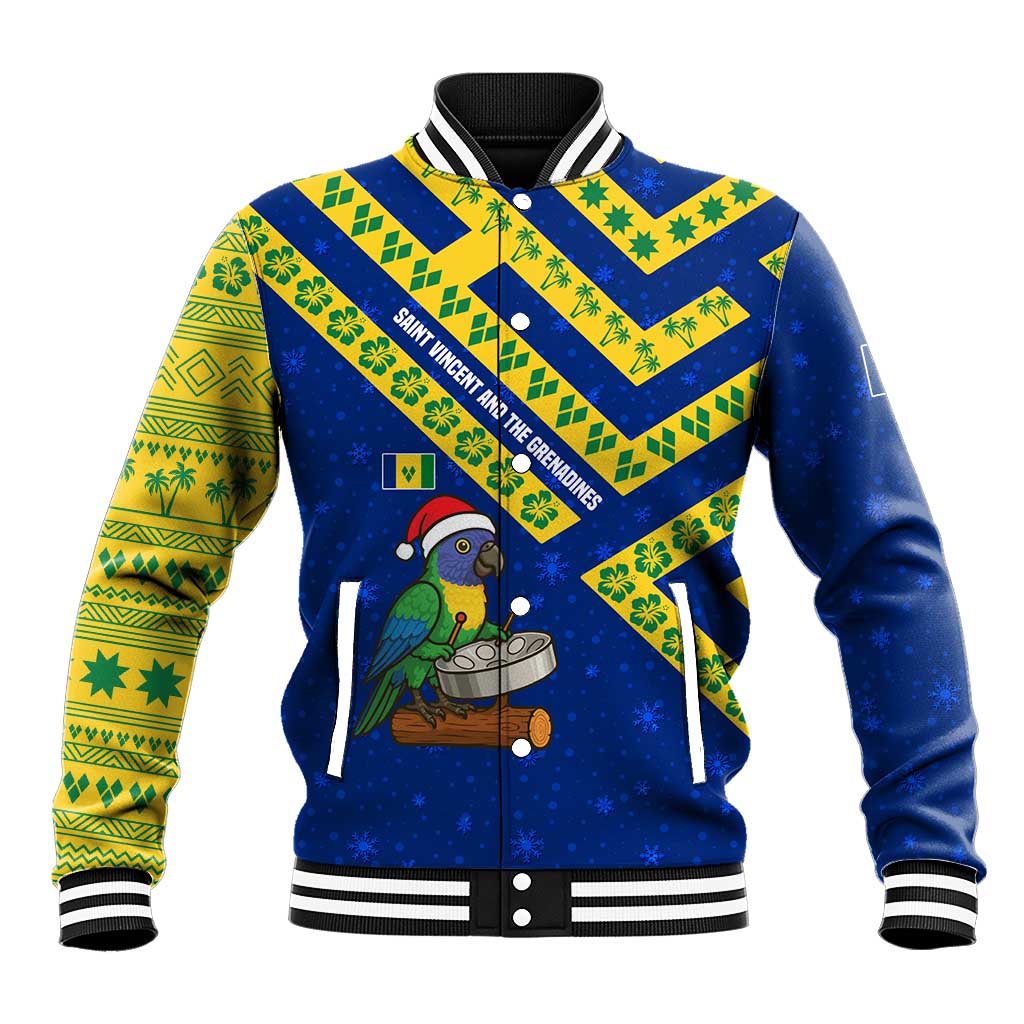 Saint Vincent and the Grenadines Christmas Baseball Jacket with Parrot Playing Steelpan and Tropical Pattern Design - Wonder Print Shop