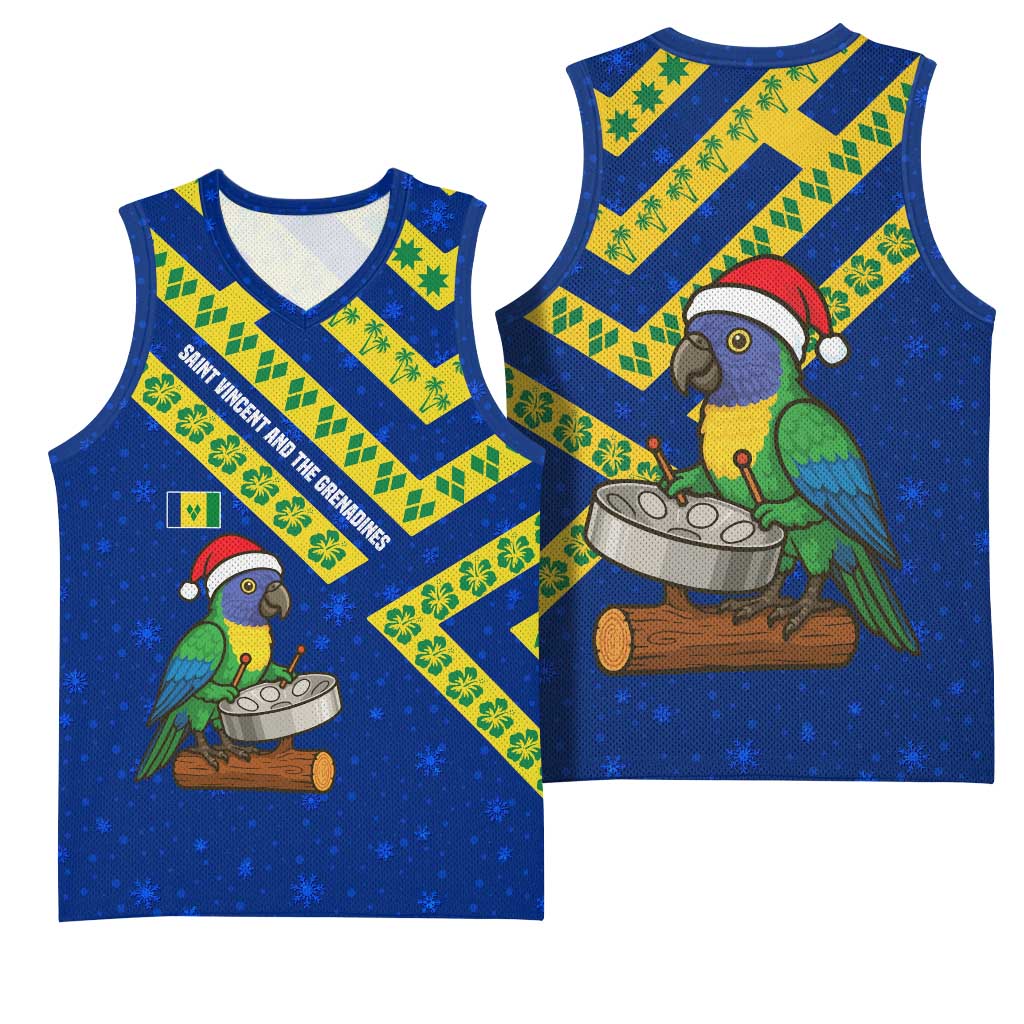 Saint Vincent and the Grenadines Christmas Basketball Jersey with Parrot Playing Steelpan and Tropical Pattern Design - Wonder Print Shop