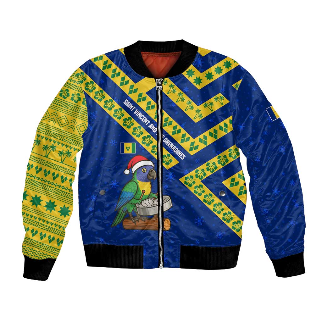 Saint Vincent and the Grenadines Christmas Bomber Jacket with Parrot Playing Steelpan and Tropical Pattern Design - Wonder Print Shop