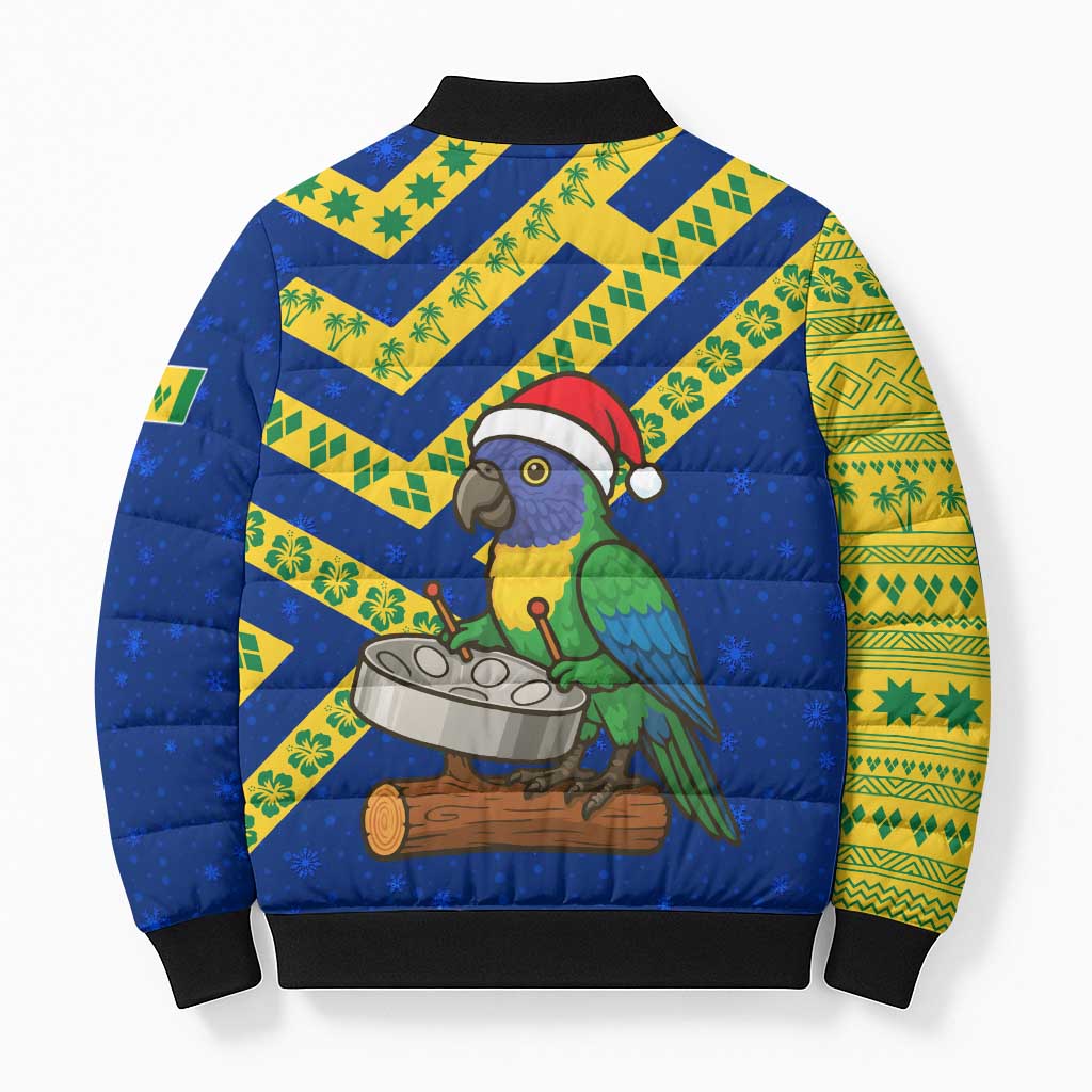 Saint Vincent and the Grenadines Christmas Bomber Puffer Jacket with Parrot Playing Steelpan and Tropical Pattern Design - Wonder Print Shop