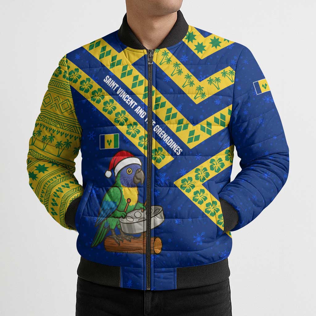 Saint Vincent and the Grenadines Christmas Bomber Puffer Jacket with Parrot Playing Steelpan and Tropical Pattern Design - Wonder Print Shop
