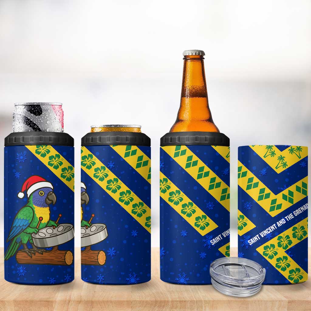 Saint Vincent and the Grenadines Christmas 4 in 1 Can Cooler Tumbler with Parrot Playing Steelpan and Tropical Pattern Design - Wonder Print Shop