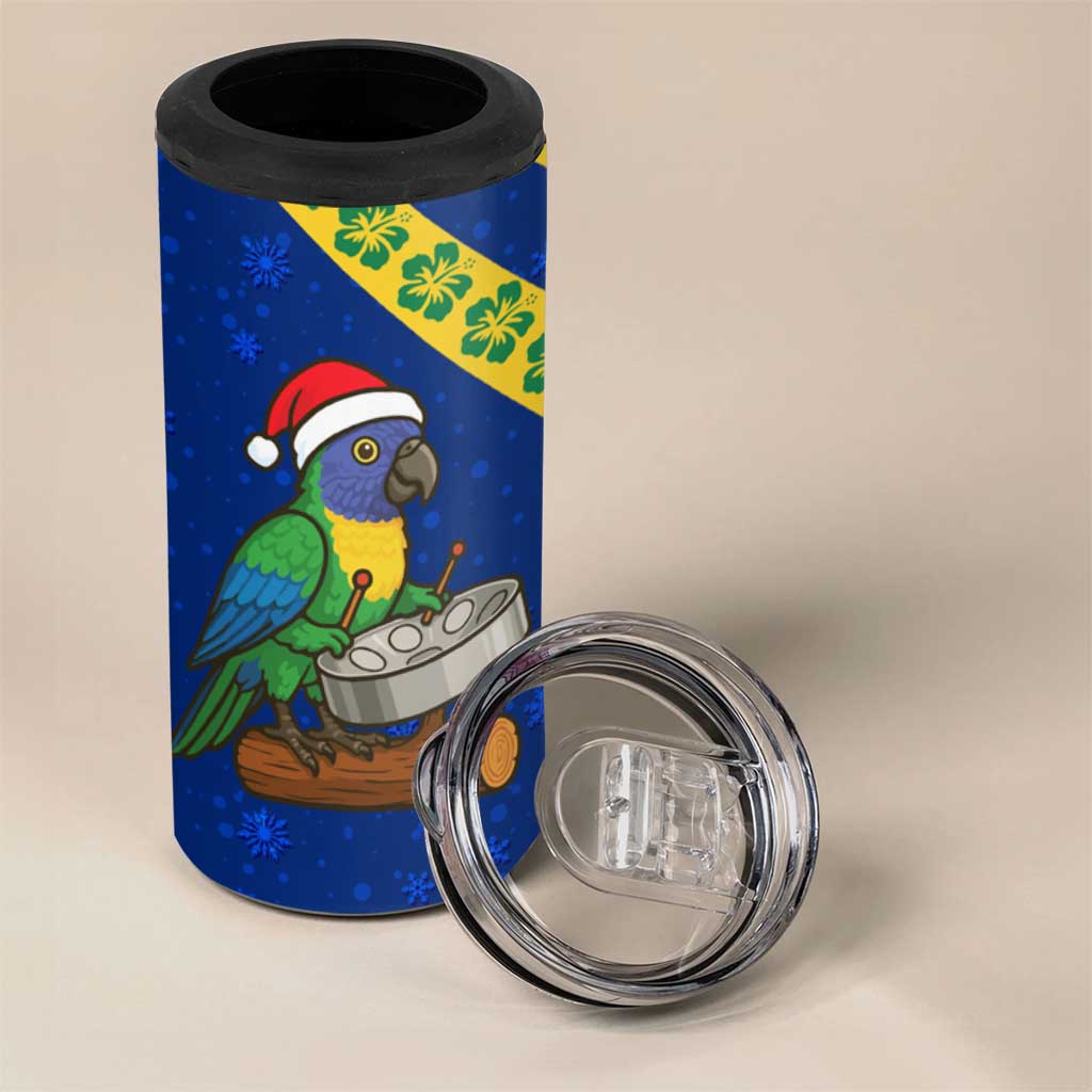 Saint Vincent and the Grenadines Christmas 4 in 1 Can Cooler Tumbler with Parrot Playing Steelpan and Tropical Pattern Design - Wonder Print Shop