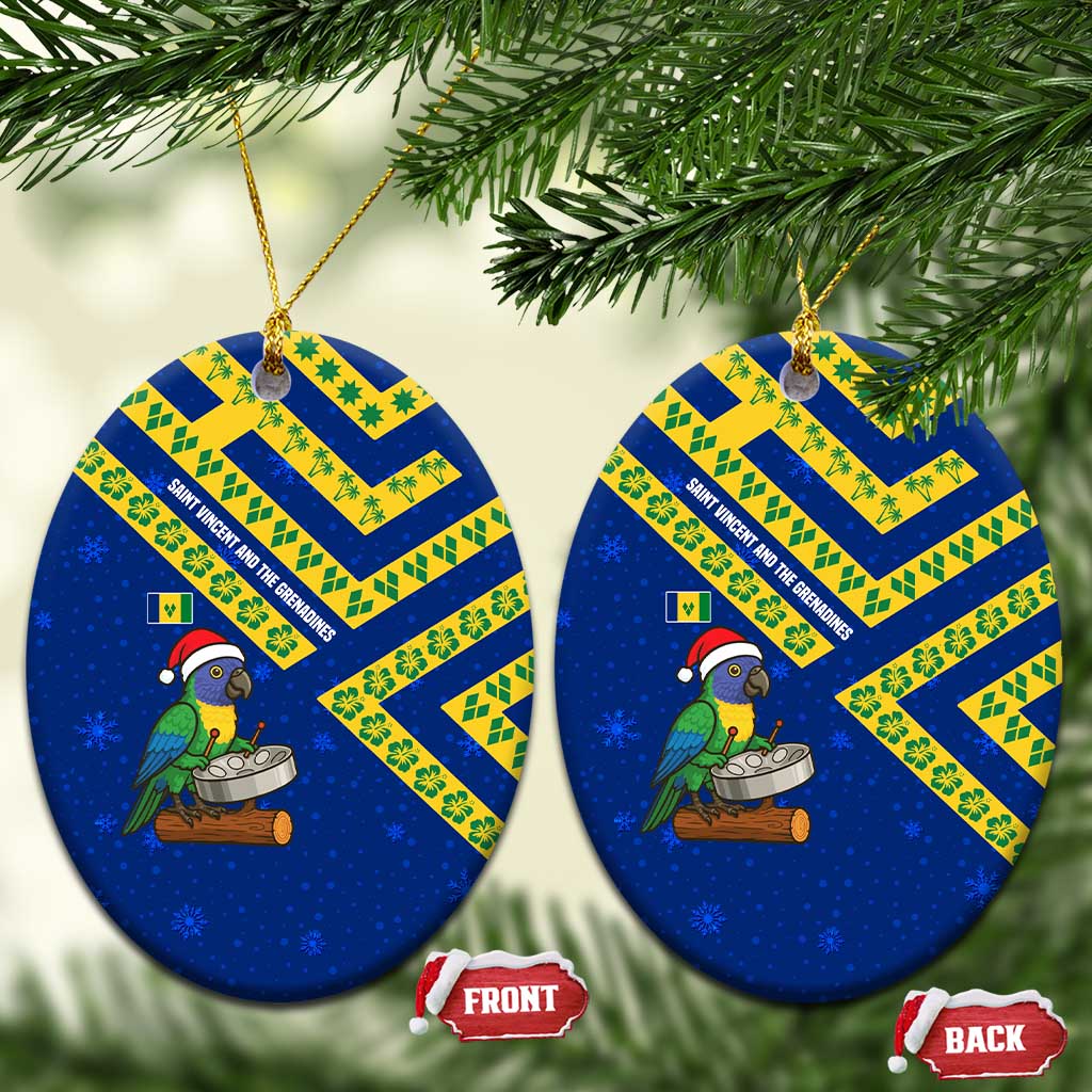 Saint Vincent and the Grenadines Christmas Ceramic Ornament with Parrot Playing Steelpan and Tropical Pattern Design - Wonder Print Shop