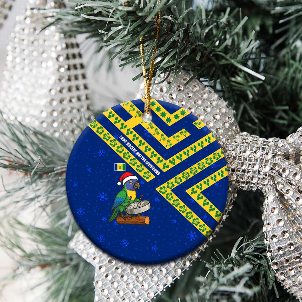 Saint Vincent and the Grenadines Christmas Ceramic Ornament with Parrot Playing Steelpan and Tropical Pattern Design - Wonder Print Shop