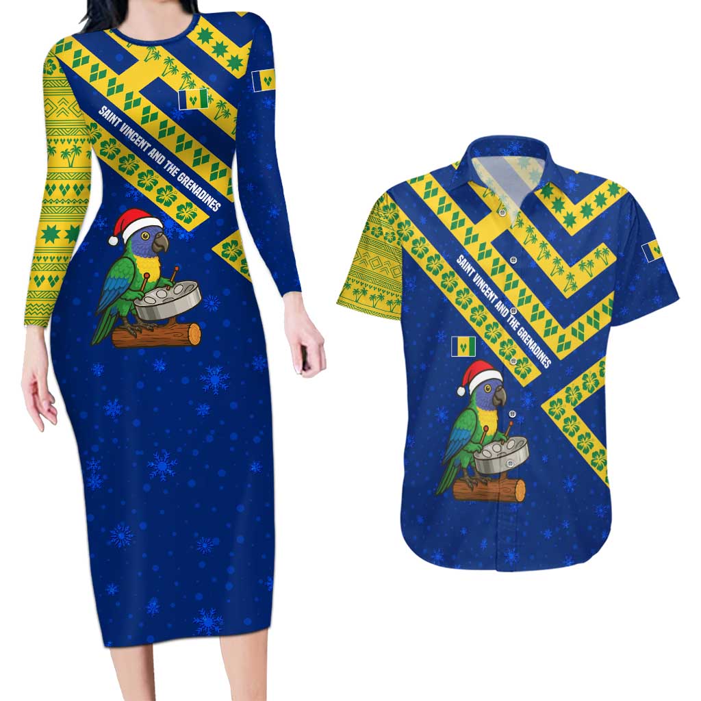 Saint Vincent and the Grenadines Christmas Couples Matching Long Sleeve Bodycon Dress and Hawaiian Shirt with Parrot Playing Steelpan and Tropical Pattern Design - Wonder Print Shop