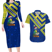 Saint Vincent and the Grenadines Christmas Couples Matching Long Sleeve Bodycon Dress and Hawaiian Shirt with Parrot Playing Steelpan and Tropical Pattern Design - Wonder Print Shop