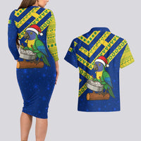 Saint Vincent and the Grenadines Christmas Couples Matching Long Sleeve Bodycon Dress and Hawaiian Shirt with Parrot Playing Steelpan and Tropical Pattern Design - Wonder Print Shop