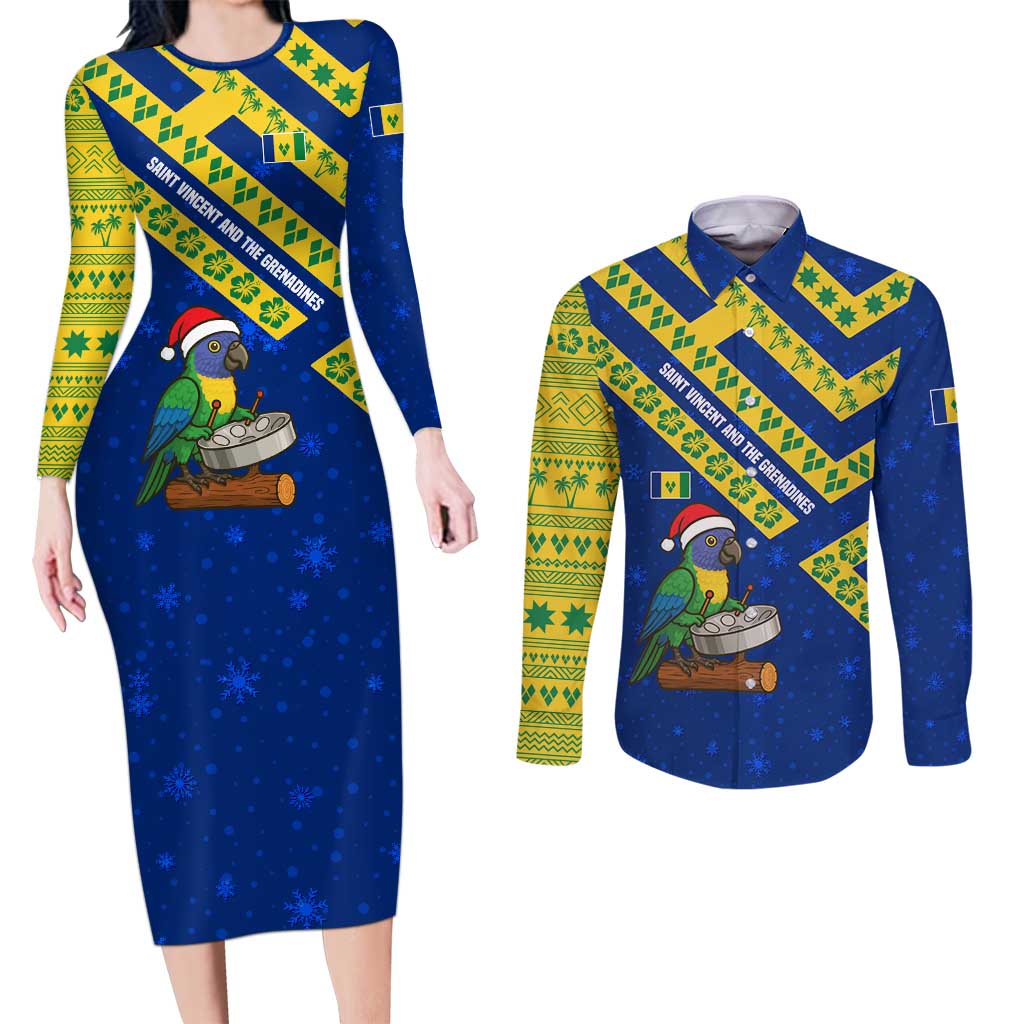 Saint Vincent and the Grenadines Christmas Couples Matching Long Sleeve Bodycon Dress and Long Sleeve Button Shirt with Parrot Playing Steelpan and Tropical Pattern Design - Wonder Print Shop