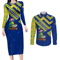 Saint Vincent and the Grenadines Christmas Couples Matching Long Sleeve Bodycon Dress and Long Sleeve Button Shirt with Parrot Playing Steelpan and Tropical Pattern Design - Wonder Print Shop