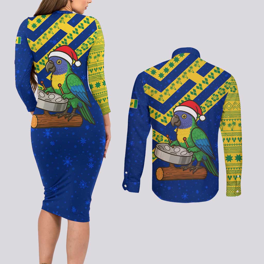 Saint Vincent and the Grenadines Christmas Couples Matching Long Sleeve Bodycon Dress and Long Sleeve Button Shirt with Parrot Playing Steelpan and Tropical Pattern Design - Wonder Print Shop
