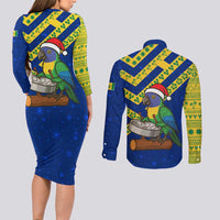Saint Vincent and the Grenadines Christmas Couples Matching Long Sleeve Bodycon Dress and Long Sleeve Button Shirt with Parrot Playing Steelpan and Tropical Pattern Design - Wonder Print Shop