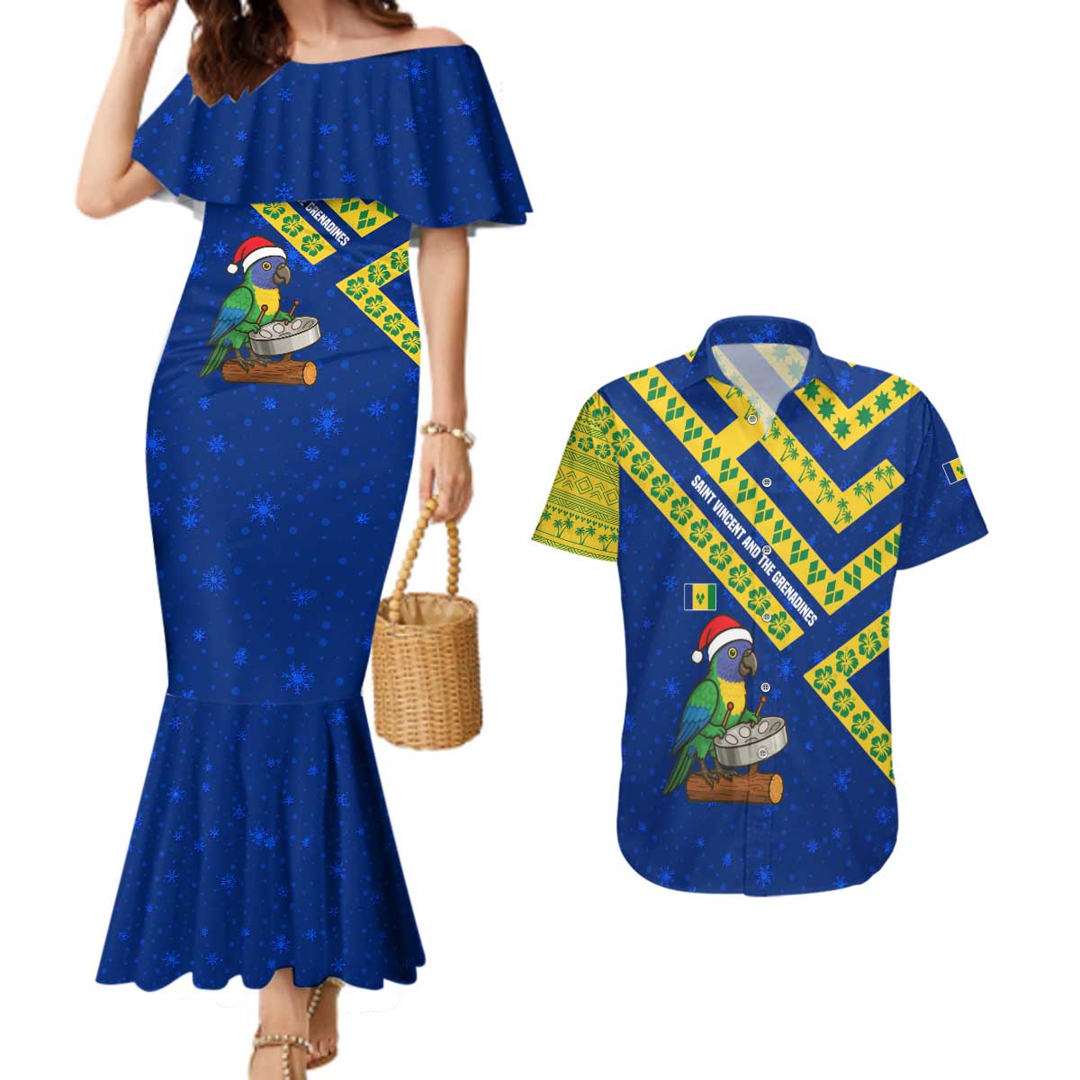 Saint Vincent and the Grenadines Christmas Couples Matching Mermaid Dress and Hawaiian Shirt with Parrot Playing Steelpan and Tropical Pattern Design - Wonder Print Shop