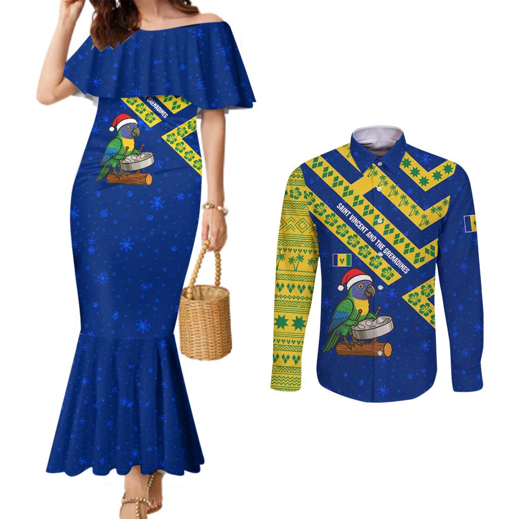 Saint Vincent and the Grenadines Christmas Couples Matching Mermaid Dress and Long Sleeve Button Shirt with Parrot Playing Steelpan and Tropical Pattern Design - Wonder Print Shop
