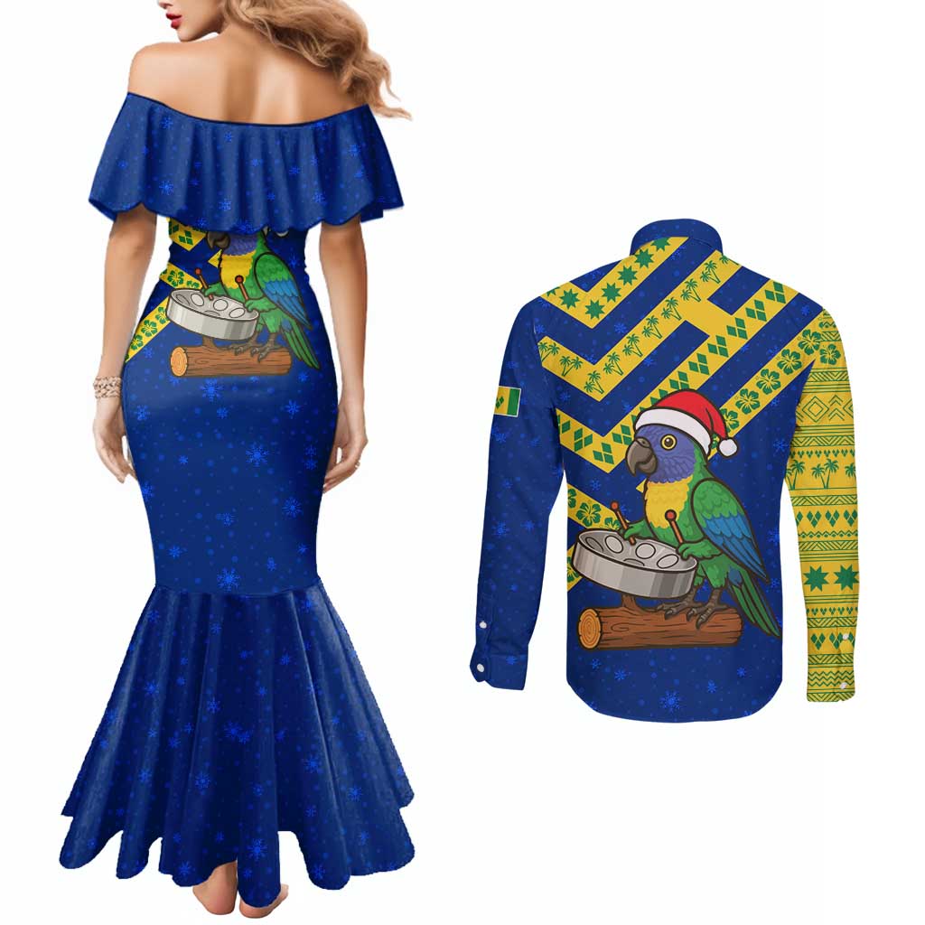 Saint Vincent and the Grenadines Christmas Couples Matching Mermaid Dress and Long Sleeve Button Shirt with Parrot Playing Steelpan and Tropical Pattern Design - Wonder Print Shop
