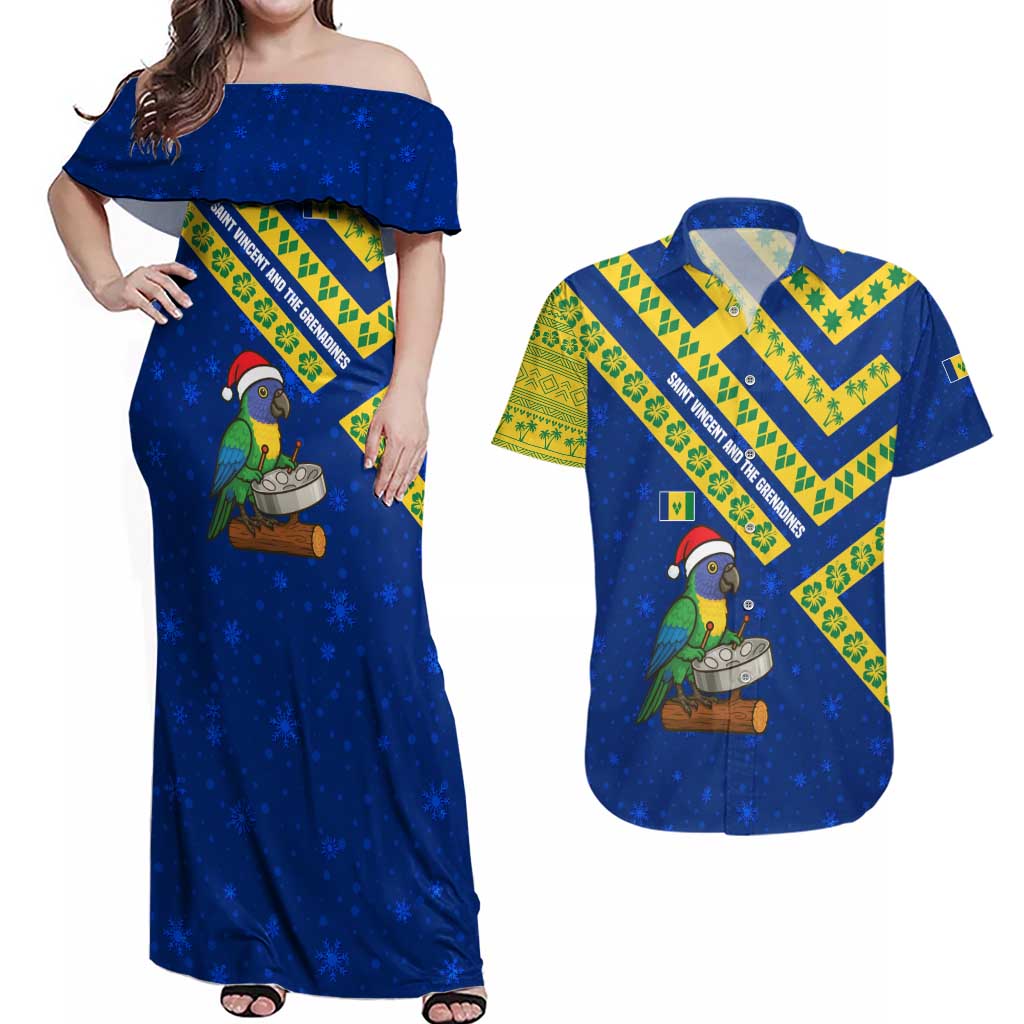 Saint Vincent and the Grenadines Christmas Couples Matching Off Shoulder Maxi Dress and Hawaiian Shirt with Parrot Playing Steelpan and Tropical Pattern Design - Wonder Print Shop