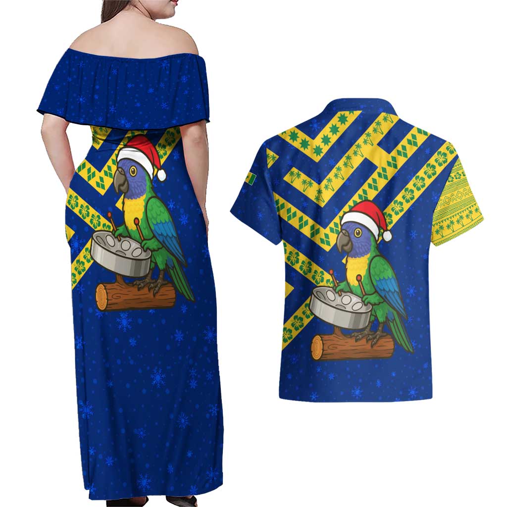 Saint Vincent and the Grenadines Christmas Couples Matching Off Shoulder Maxi Dress and Hawaiian Shirt with Parrot Playing Steelpan and Tropical Pattern Design - Wonder Print Shop