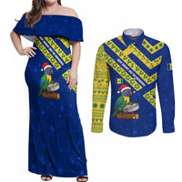 Saint Vincent and the Grenadines Christmas Couples Matching Off Shoulder Maxi Dress and Long Sleeve Button Shirt with Parrot Playing Steelpan and Tropical Pattern Design - Wonder Print Shop