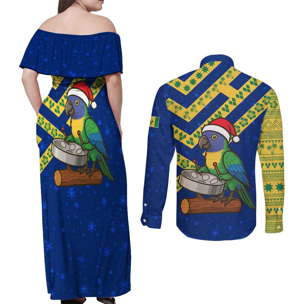 Saint Vincent and the Grenadines Christmas Couples Matching Off Shoulder Maxi Dress and Long Sleeve Button Shirt with Parrot Playing Steelpan and Tropical Pattern Design - Wonder Print Shop