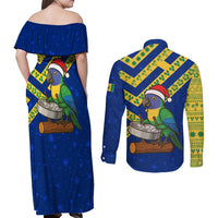 Saint Vincent and the Grenadines Christmas Couples Matching Off Shoulder Maxi Dress and Long Sleeve Button Shirt with Parrot Playing Steelpan and Tropical Pattern Design - Wonder Print Shop