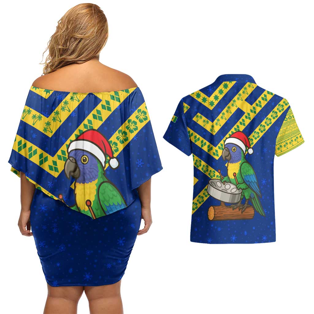 Saint Vincent and the Grenadines Christmas Couples Matching Off Shoulder Short Dress and Hawaiian Shirt with Parrot Playing Steelpan and Tropical Pattern Design - Wonder Print Shop