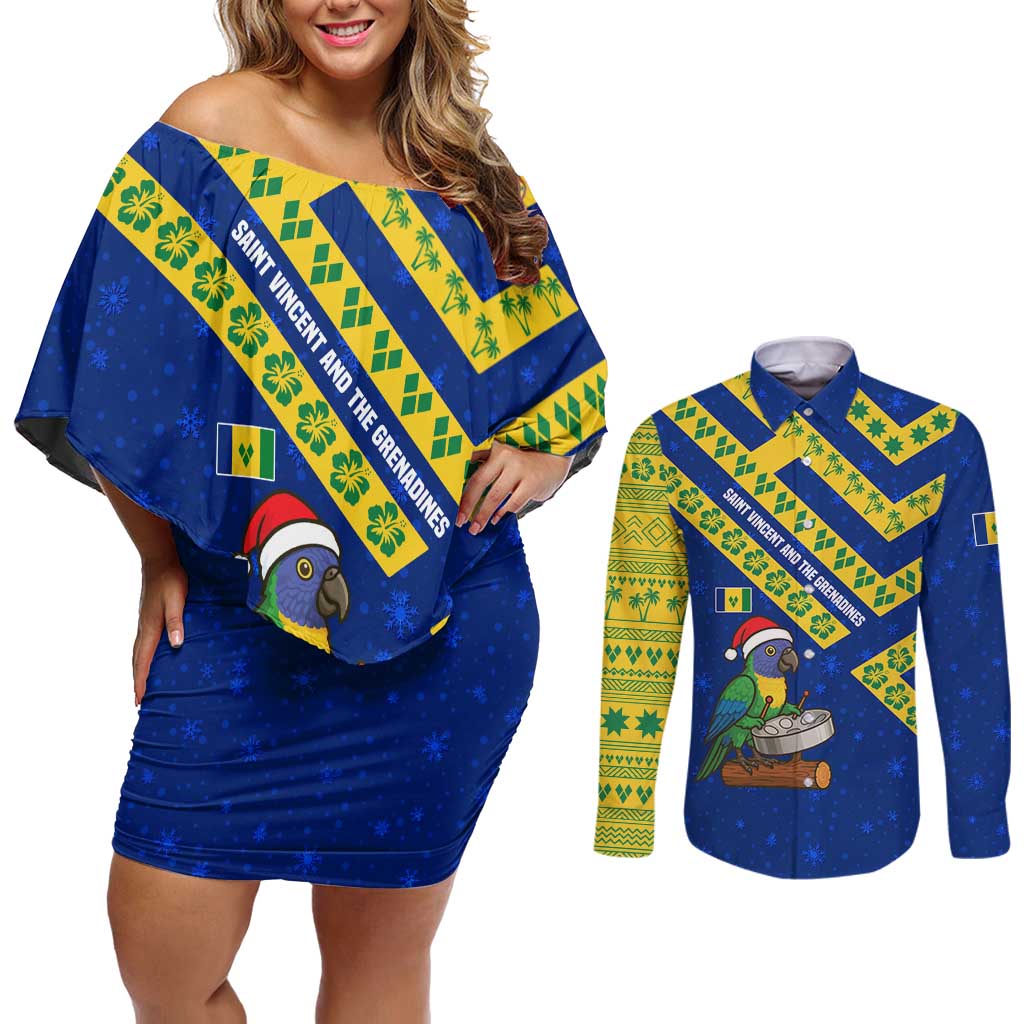 Saint Vincent and the Grenadines Christmas Couples Matching Off Shoulder Short Dress and Long Sleeve Button Shirt with Parrot Playing Steelpan and Tropical Pattern Design - Wonder Print Shop