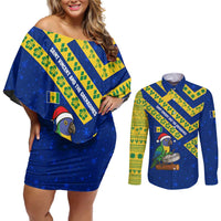 Saint Vincent and the Grenadines Christmas Couples Matching Off Shoulder Short Dress and Long Sleeve Button Shirt with Parrot Playing Steelpan and Tropical Pattern Design - Wonder Print Shop