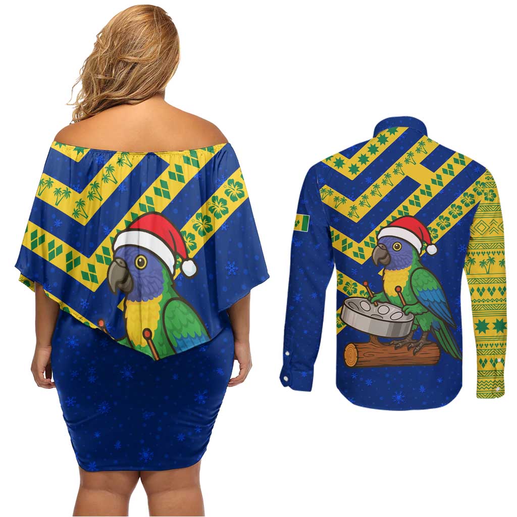 Saint Vincent and the Grenadines Christmas Couples Matching Off Shoulder Short Dress and Long Sleeve Button Shirt with Parrot Playing Steelpan and Tropical Pattern Design - Wonder Print Shop