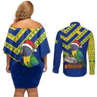 Saint Vincent and the Grenadines Christmas Couples Matching Off Shoulder Short Dress and Long Sleeve Button Shirt with Parrot Playing Steelpan and Tropical Pattern Design - Wonder Print Shop