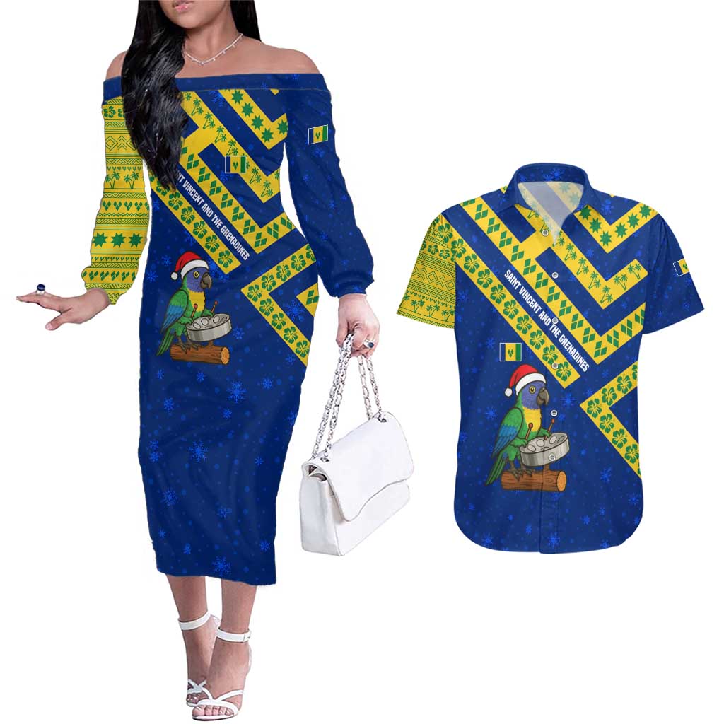 Saint Vincent and the Grenadines Christmas Couples Matching Off The Shoulder Long Sleeve Dress and Hawaiian Shirt with Parrot Playing Steelpan and Tropical Pattern Design - Wonder Print Shop
