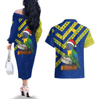 Saint Vincent and the Grenadines Christmas Couples Matching Off The Shoulder Long Sleeve Dress and Hawaiian Shirt with Parrot Playing Steelpan and Tropical Pattern Design - Wonder Print Shop