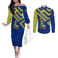 Saint Vincent and the Grenadines Christmas Couples Matching Off The Shoulder Long Sleeve Dress and Long Sleeve Button Shirt with Parrot Playing Steelpan and Tropical Pattern Design - Wonder Print Shop