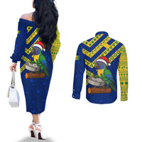 Saint Vincent and the Grenadines Christmas Couples Matching Off The Shoulder Long Sleeve Dress and Long Sleeve Button Shirt with Parrot Playing Steelpan and Tropical Pattern Design - Wonder Print Shop