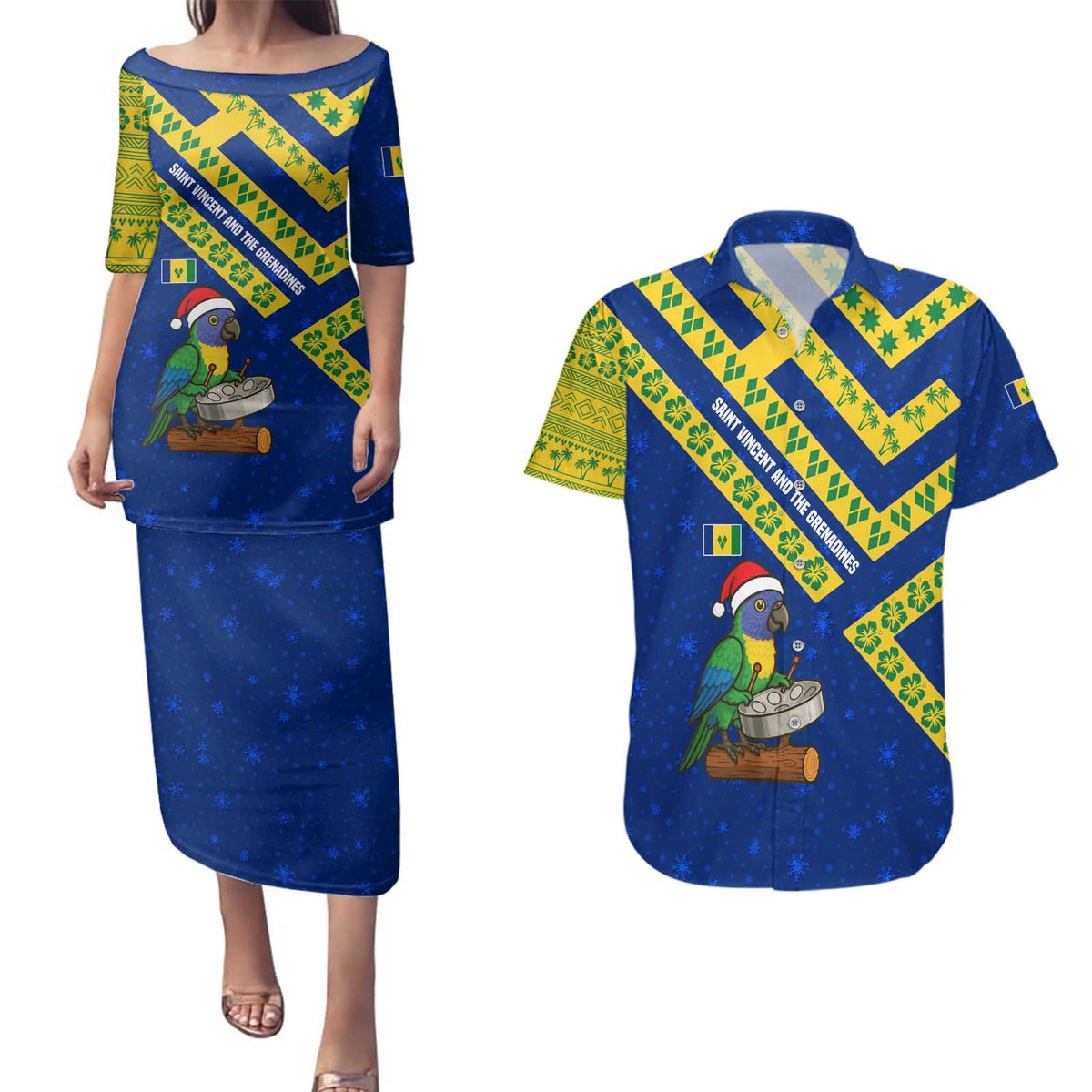 Saint Vincent and the Grenadines Christmas Couples Matching Puletasi and Hawaiian Shirt with Parrot Playing Steelpan and Tropical Pattern Design - Wonder Print Shop