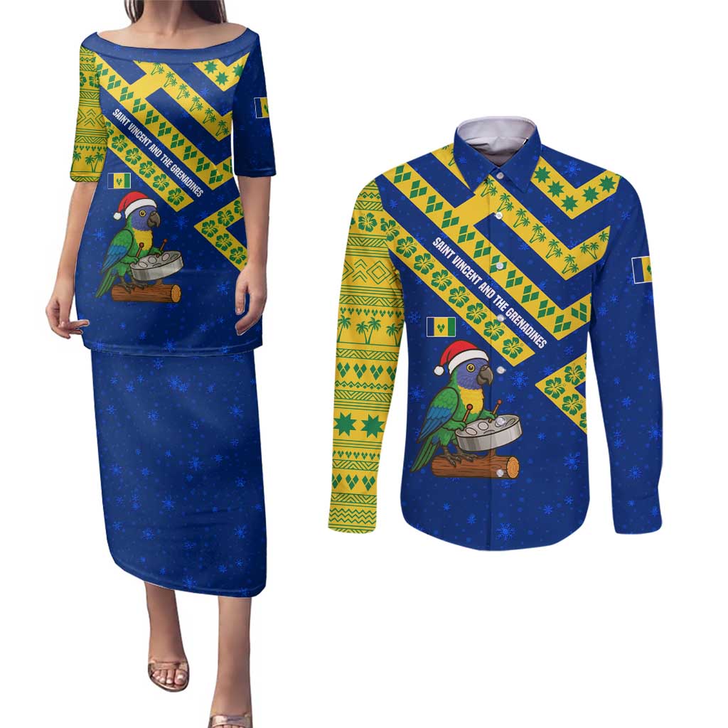 Saint Vincent and the Grenadines Christmas Couples Matching Puletasi and Long Sleeve Button Shirt with Parrot Playing Steelpan and Tropical Pattern Design - Wonder Print Shop