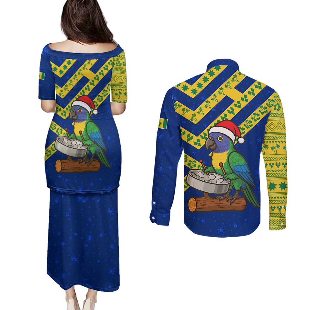 Saint Vincent and the Grenadines Christmas Couples Matching Puletasi and Long Sleeve Button Shirt with Parrot Playing Steelpan and Tropical Pattern Design - Wonder Print Shop