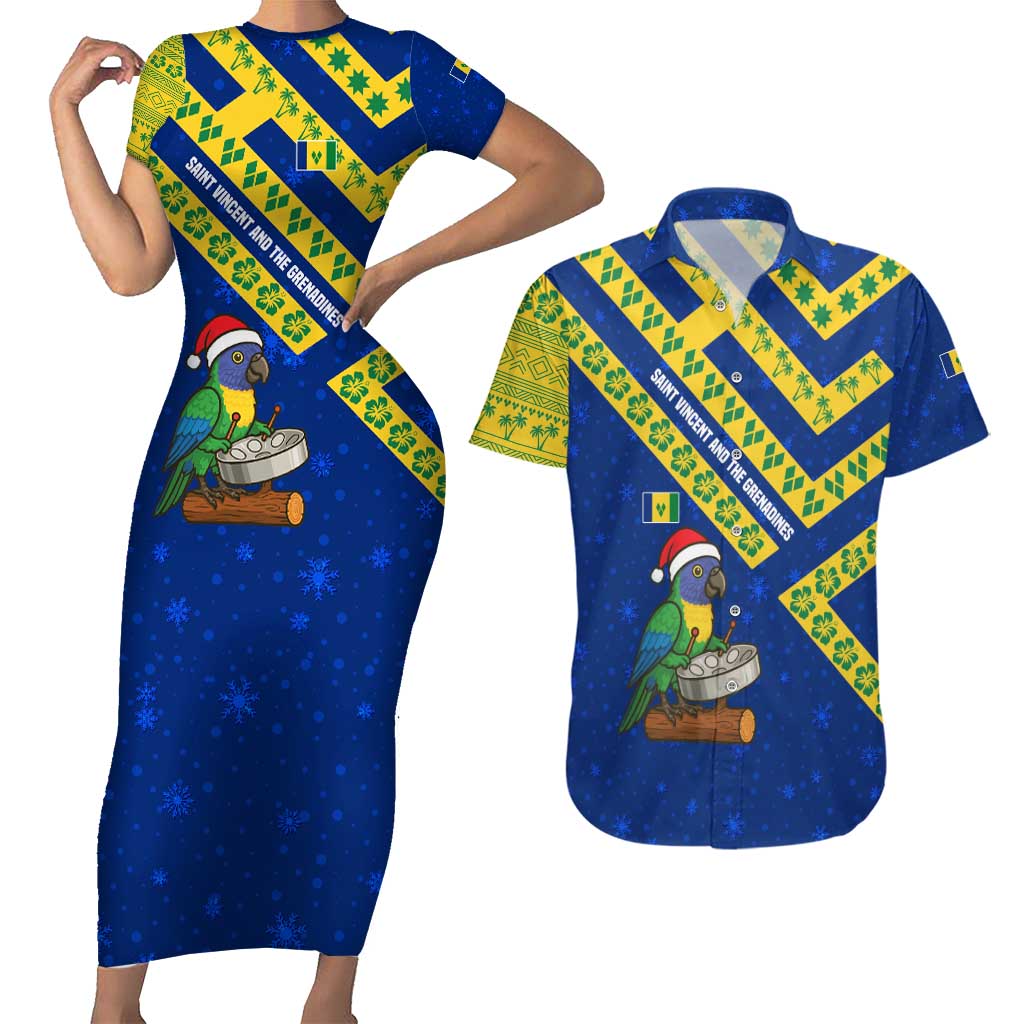 Saint Vincent and the Grenadines Christmas Couples Matching Short Sleeve Bodycon Dress and Hawaiian Shirt with Parrot Playing Steelpan and Tropical Pattern Design - Wonder Print Shop