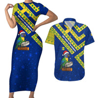 Saint Vincent and the Grenadines Christmas Couples Matching Short Sleeve Bodycon Dress and Hawaiian Shirt with Parrot Playing Steelpan and Tropical Pattern Design - Wonder Print Shop