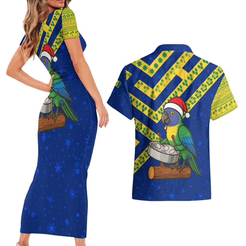 Saint Vincent and the Grenadines Christmas Couples Matching Short Sleeve Bodycon Dress and Hawaiian Shirt with Parrot Playing Steelpan and Tropical Pattern Design - Wonder Print Shop