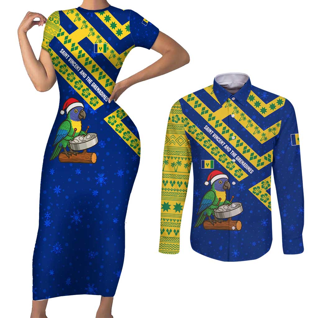 Saint Vincent and the Grenadines Christmas Couples Matching Short Sleeve Bodycon Dress and Long Sleeve Button Shirt with Parrot Playing Steelpan and Tropical Pattern Design - Wonder Print Shop